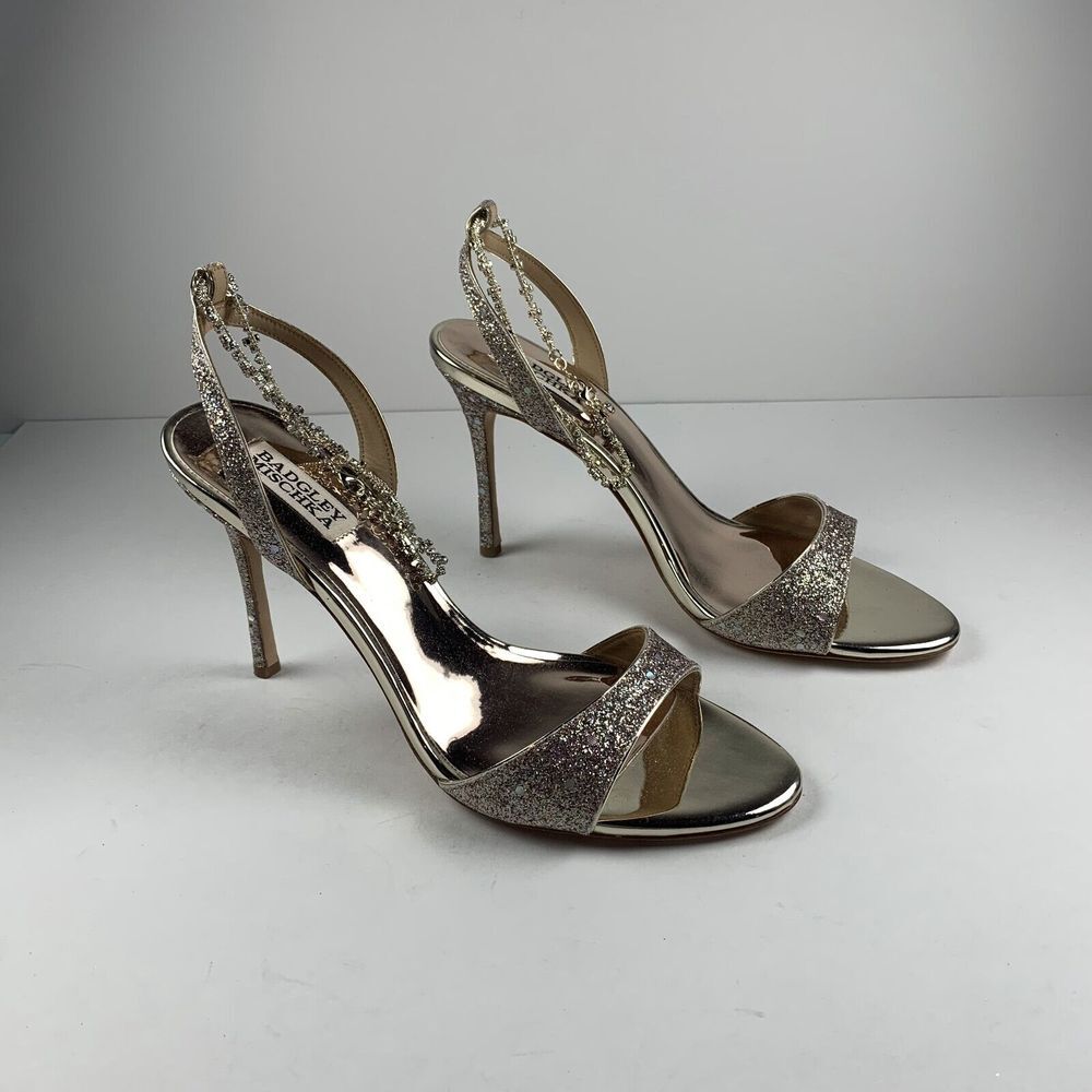 Badgley Mischka Tiffany Glamour‎ Sandal Womens US 9.5 Gold Glitter Stiletto Heel